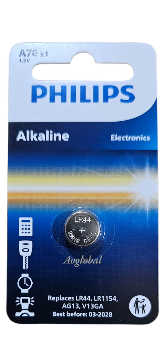 PHILIPS A76 (LR44) Alkaline Button Cell – 1.5V (1-Blister Pack) "Buy 10 blisters, get 10% off"
