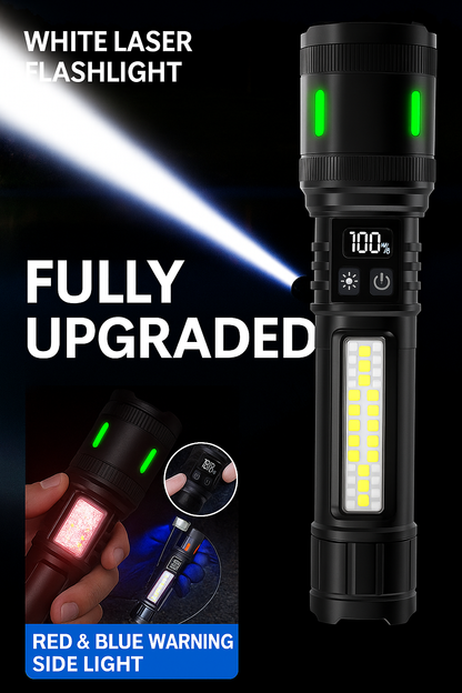 Rechargeable Zoom Flashlight – High-Power White Laser Torch with COB Side Light, Red/Blue Warning, Waterproof, USB-C Charging