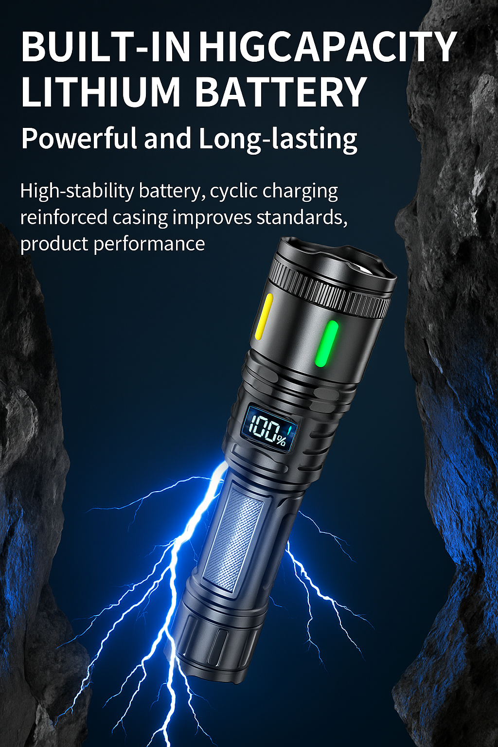 Rechargeable Zoom Flashlight – High-Power White Laser Torch with COB Side Light, Red/Blue Warning, Waterproof, USB-C Charging