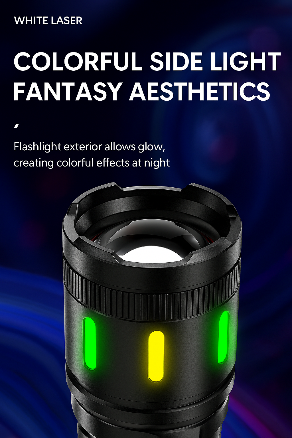 Rechargeable Zoom Flashlight – High-Power White Laser Torch with COB Side Light, Red/Blue Warning, Waterproof, USB-C Charging