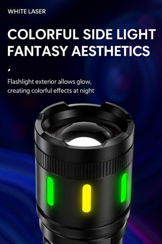 Rechargeable Zoom Flashlight – High-Power White Laser Torch with COB Side Light, Red/Blue Warning, Waterproof, USB-C Charging