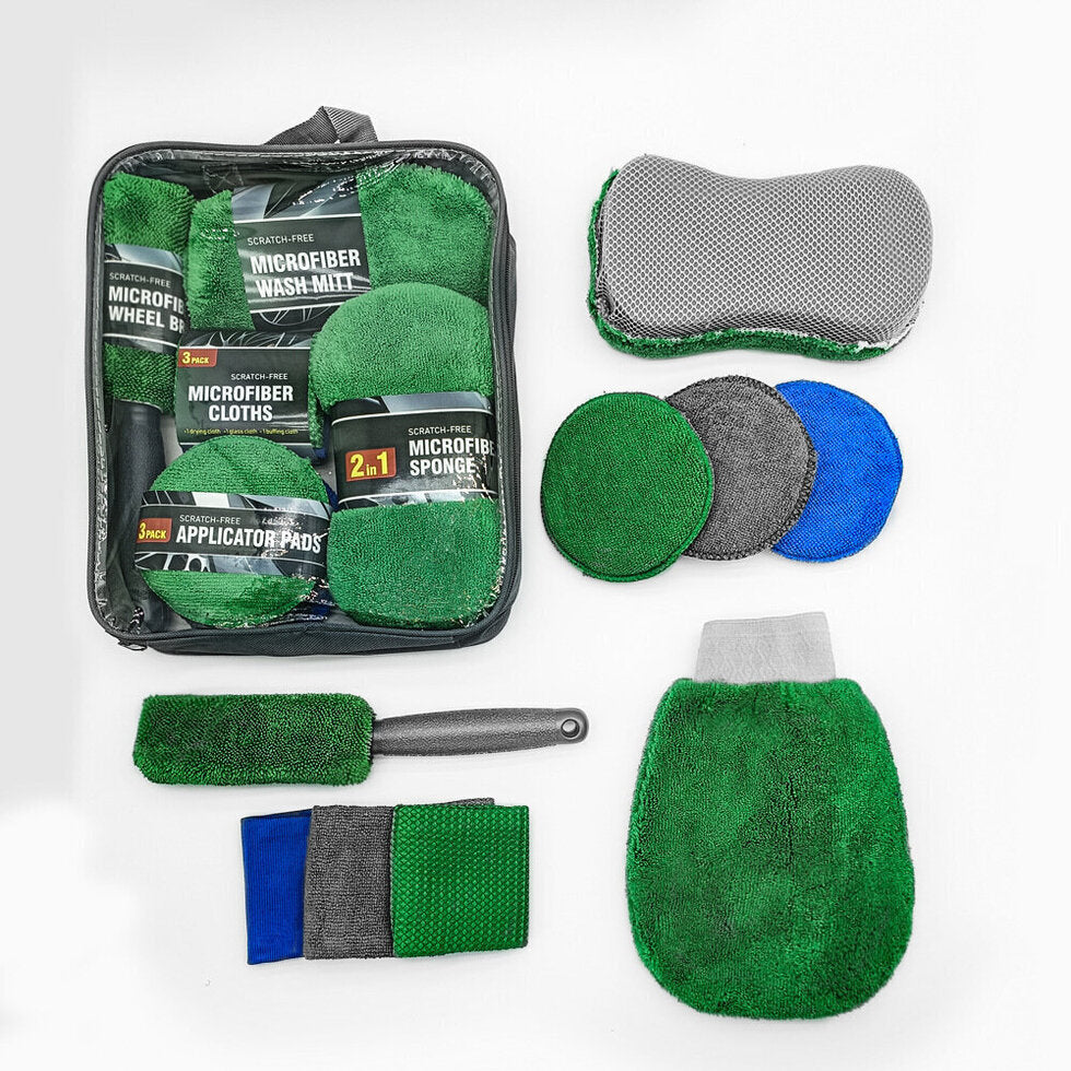 9-Piece Microfiber Car Wash & Detailing Kit, Scratch-Free Wash Mitt, Microfiber Cloths, Wax Pads, Wash Sponge & Wheel Brush