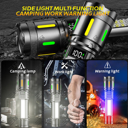 Rechargeable Zoom Flashlight – High-Power White Laser Torch with COB Side Light, Red/Blue Warning, Waterproof, USB-C Charging