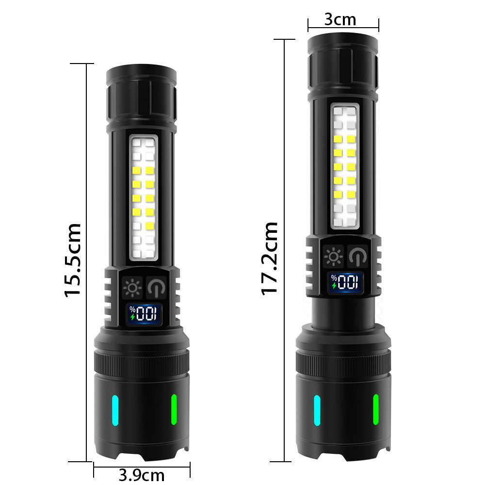 Rechargeable Zoom Flashlight – High-Power White Laser Torch with COB Side Light, Red/Blue Warning, Waterproof, USB-C Charging