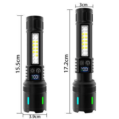 Rechargeable Zoom Flashlight – High-Power White Laser Torch with COB Side Light, Red/Blue Warning, Waterproof, USB-C Charging