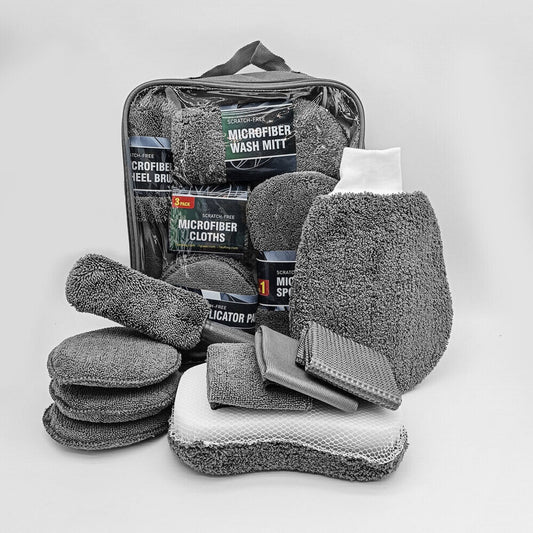 9-Piece Microfiber Car Wash & Detailing Kit, Scratch-Free Wash Mitt, Microfiber Cloths, Wax Pads, Wash Sponge & Wheel Brush