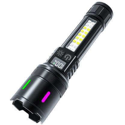 Rechargeable Zoom Flashlight – High-Power White Laser Torch with COB Side Light, Red/Blue Warning, Waterproof, USB-C Charging