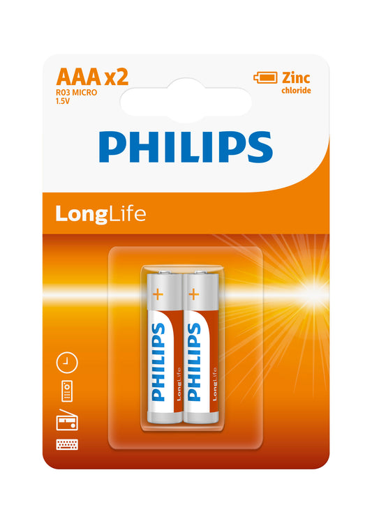 PHILIPS Longlife  AAA 2  Batteries – 1.5V (2-Pack)"Buy 12 blisters, get 10% off"