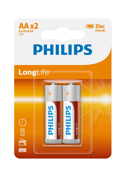 PHILIPS Longlife Zinc AA2 Batteries – 1.5V (2-Pack) "Buy 10 blisters, get 10% off"