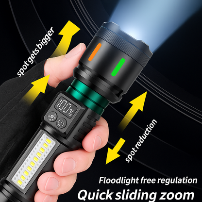 Rechargeable Zoom Flashlight – High-Power White Laser Torch with COB Side Light, Red/Blue Warning, Waterproof, USB-C Charging