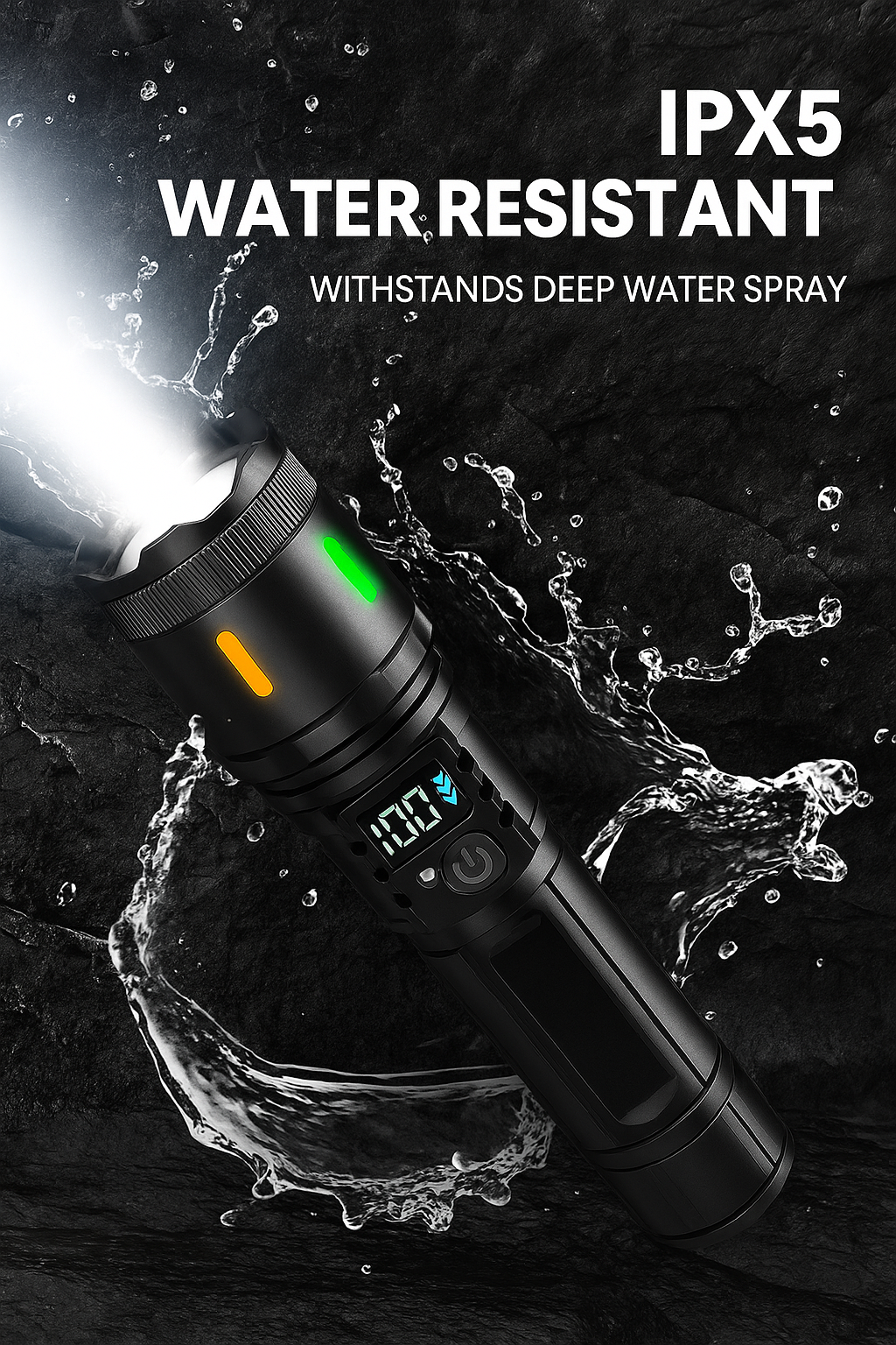 Rechargeable Zoom Flashlight – High-Power White Laser Torch with COB Side Light, Red/Blue Warning, Waterproof, USB-C Charging