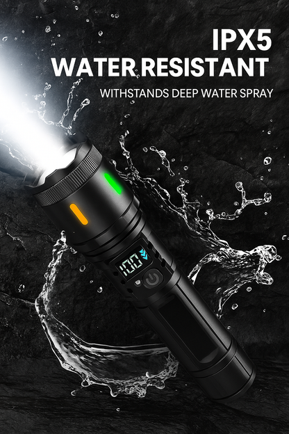Rechargeable Zoom Flashlight – High-Power White Laser Torch with COB Side Light, Red/Blue Warning, Waterproof, USB-C Charging