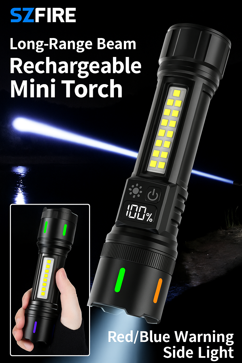 Rechargeable Zoom Flashlight – High-Power White Laser Torch with COB Side Light, Red/Blue Warning, Waterproof, USB-C Charging