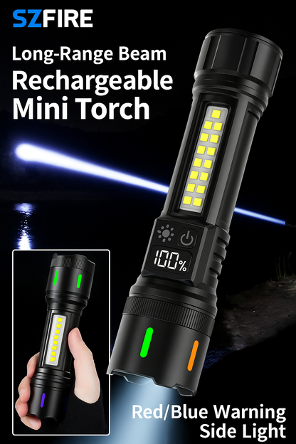 Rechargeable Zoom Flashlight – High-Power White Laser Torch with COB Side Light, Red/Blue Warning, Waterproof, USB-C Charging